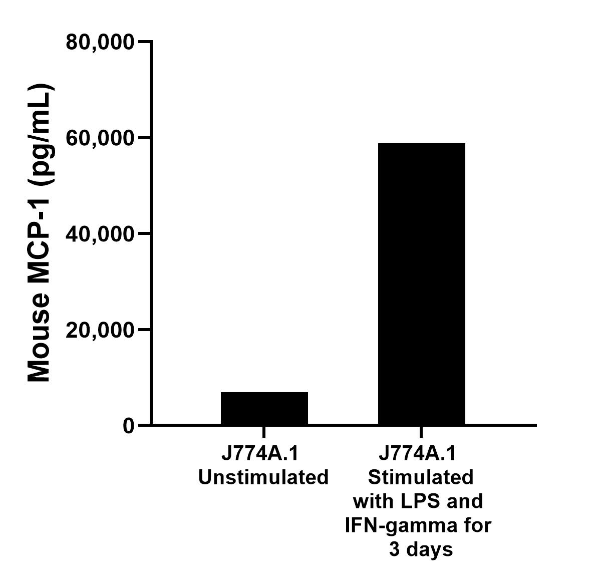 J774A.1 mouse reticulum cell sarcoma macrophage cells (1 x 10*6 cells/mL) were cultured for 3 days in DMEM containing 10% fetal bovine serum. Cells were untreated or treated with 500 ng/mL recombinant mouse IFN-γ and 10 ng/mL LPS. An aliquot of the cell culture supernatants were removed, assayed for mouse MCP-1, and measured 6,956.6 pg/mL and 58,869.9 pg/mL.